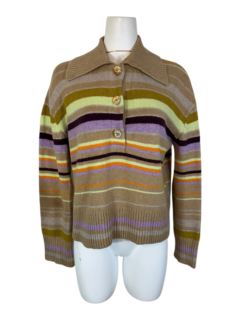 Free People Trading Up Striped Polo Sweater Tan Multi Stripe Collar Buttons S - Picture 3 of 9